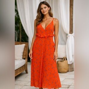 Urban Outfitters Orange Floral Ruffle Maxi Dress Small S Boho Sleeveless V Neck